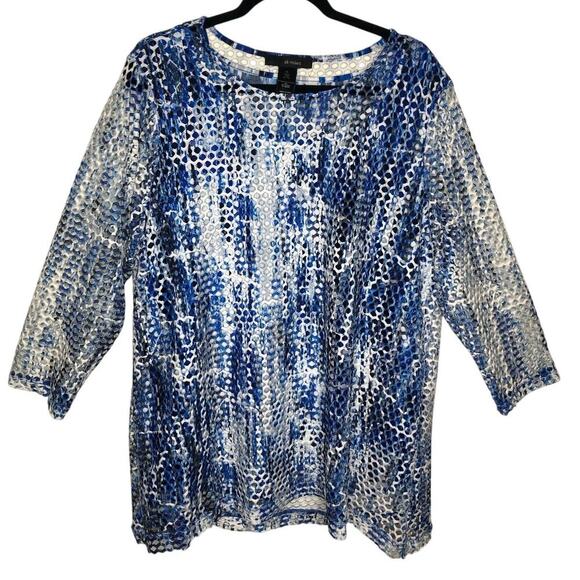Ali Miles Blue White Abstract Mesh Overlay Tunic Top XL Beach Resort Wear Travel - Picture 1 of 16